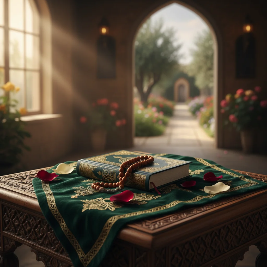 Quran and prayer beads on green velvet beside a garden archway