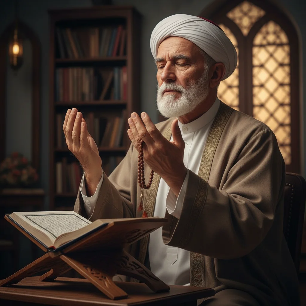 An elder in quiet prayer with open hands beside a Quran