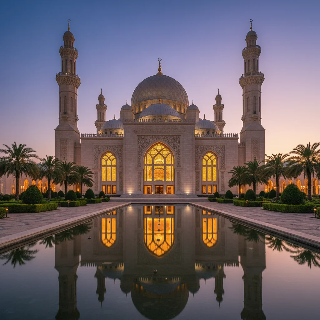 A mosque at dusk reflected in a calm pool