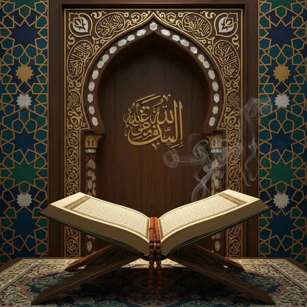 Open Quran on a rehal in front of an ornate mihrab, for Istikhara