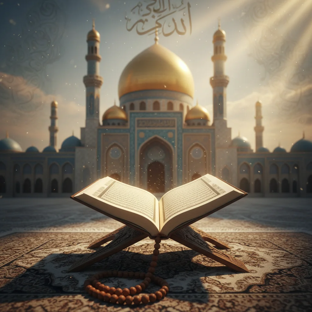 Quran and prayer beads before a golden-domed mosque in rays of light