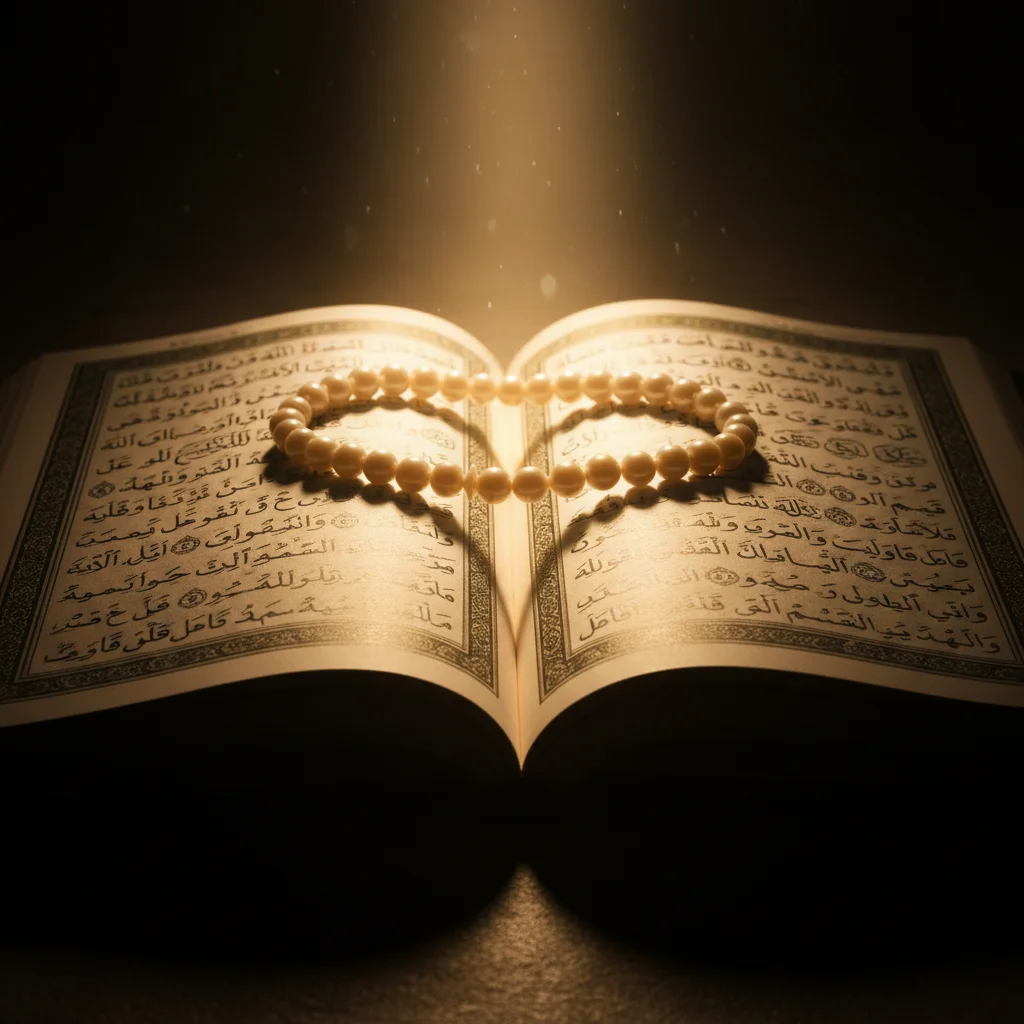 Prayer beads forming a heart on an open Quran